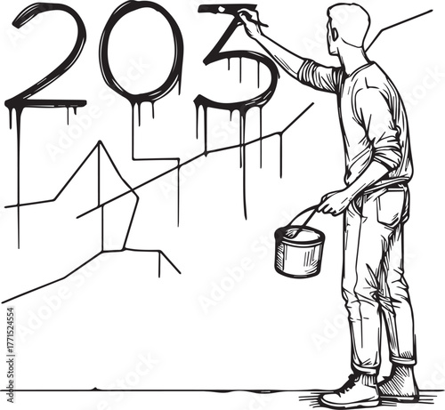 Young 2025 artist painting wall, relaxed modern outfit, creative pose, thin line vector black art
