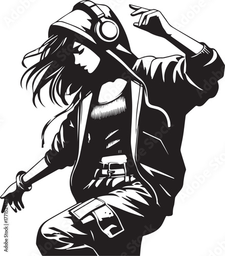 Casual modern teen dancing to music, hoodie and cargo pants, movement flow, clean vector black icon