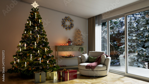 Christmas tree Large luxury modern bright interiors Living room mockup illustration 3D rendering image