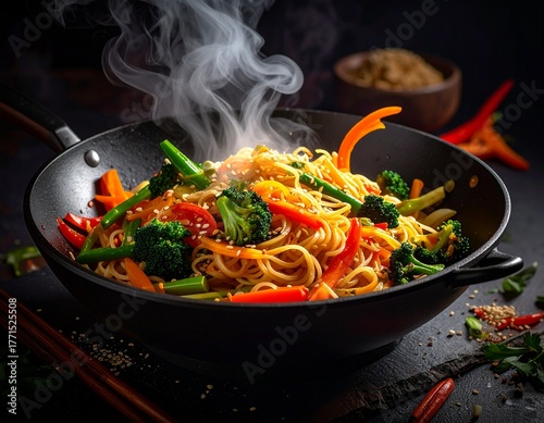 Delicious stir-fried noodles with colorful vegetables and steam rising from the pan
