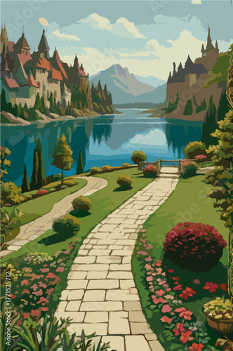 Curved garden walkway with mountain view