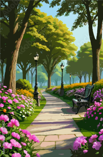 Garden walkway with blooming pink flowers