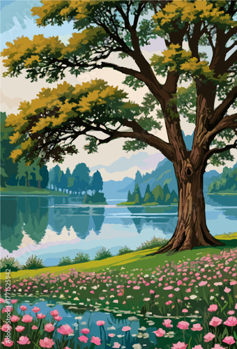 Lakeside tree with distant mountain view