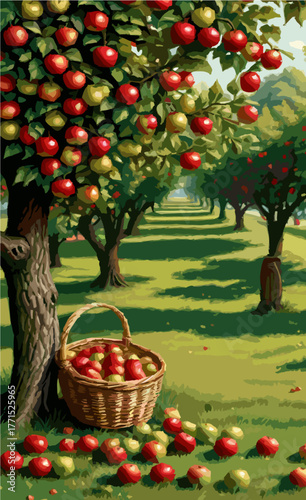Orchard tree with red ripe apples