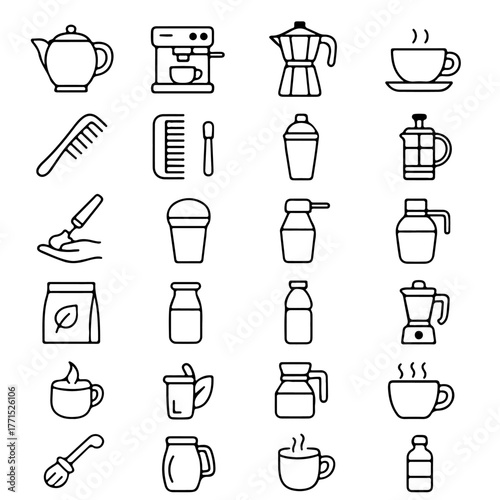 A collection of various object in line art illustration. Featuring essential household objects and beverage preparation tools.