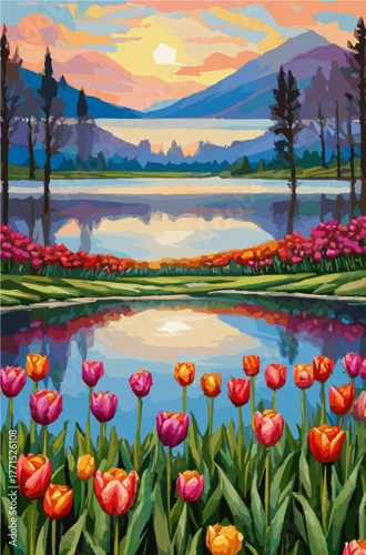 Tulip field with sunrise reflection lake