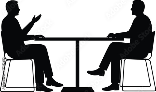 Silhouettes of two people talking at table, business meeting discussion, interview negotiation scene, black outline design, abstract communication illustration