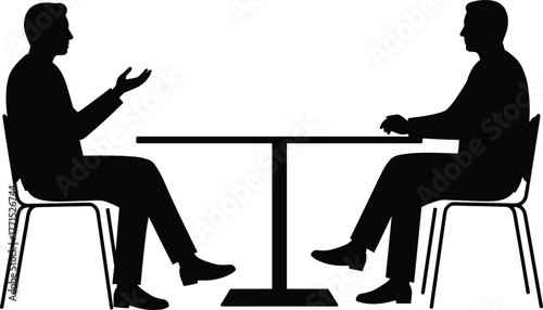 Silhouettes of two people talking at table, business meeting discussion, interview negotiation scene, black outline design, abstract communication 