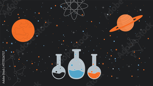 Creative science and astronomy background featuring laboratory flasks planets constellations and atomic symbols on a dark space theme perfect for education research and technology designs
