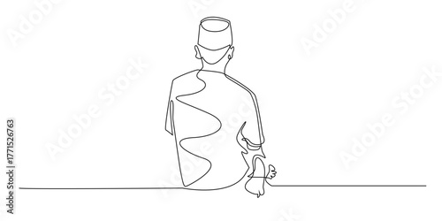 Continuous one line drawing of a Muslim man sitting in prayer. Simple minimalist line art illustration showing an Islamic worshipper in a calm and humble salah sitting posture.