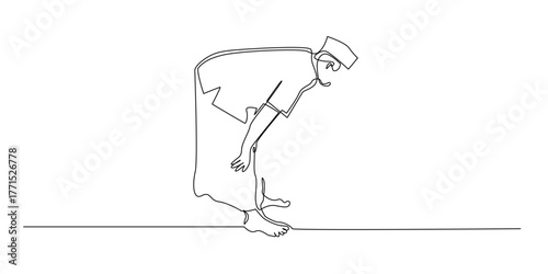 Continuous line drawing of a Muslim man bowing in ruku prayer position.
Simple one line art illustration of an Islamic worshipper performing salah bow gesture with humility.