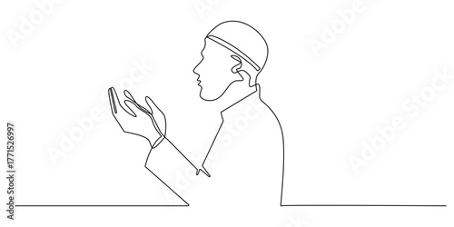 Continuous line drawing of a Muslim man praying with raised hands.
Simple one line art illustration of a man in Islamic clothing making dua with calm expression.