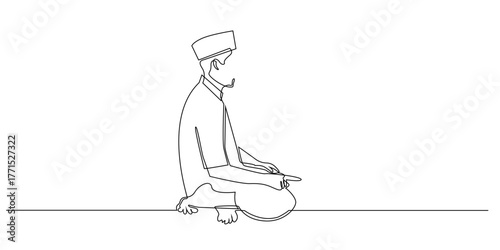 Continuous line drawing of a Muslim man sitting and praying during salah.
Simple one line art illustration of an Islamic worshipper in traditional clothing performing prayer.