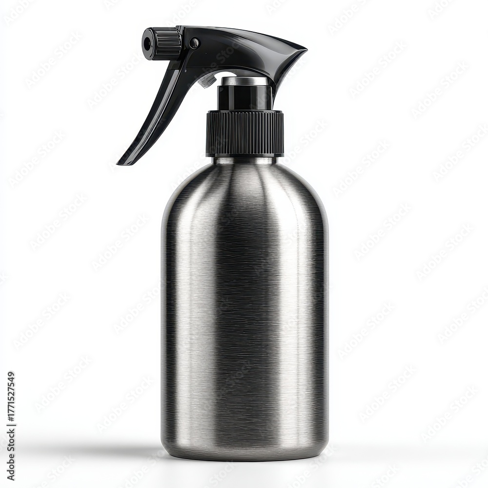 Obraz premium Metal Spray Bottle with Black Nozzle on White Background, Isolated
