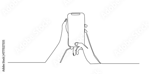 Continuous line drawing of two hands holding a smartphone in a modern minimalistic style.
Simple one line art illustration of a person using a mobile phone representing communication and technology.