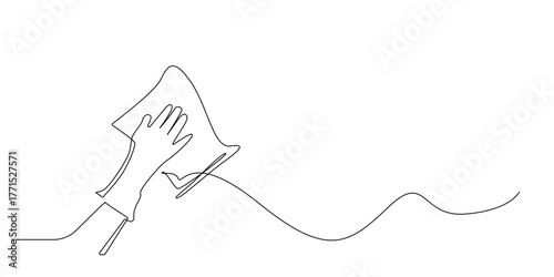 Continuous line drawing of a hand wearing a glove cleaning a surface with a cloth.
Simple one line art illustration of cleaning activity representing hygiene, housekeeping, and cleanliness.