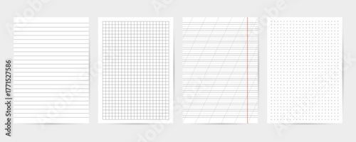 Sheets of dotted, lined, square grid paper