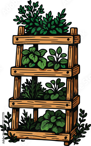 Vertical wooden planter full of fresh green herbs growing in tiered shelves