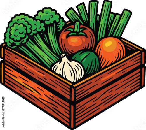 Wooden crate filled with fresh vegetables including garlic, tomato, onion, and herbs