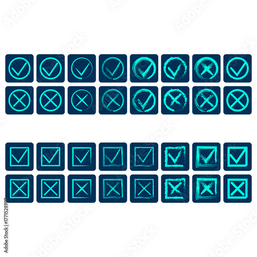 Digital illustration of check and cross symbols in various styles and colors for design use