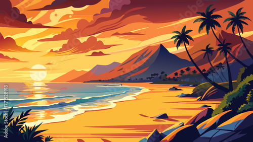 Very beautiful sunset at Sunset Beach on the North Shore of Oahu, Hawaii, USA, showing people enjoying the view, golden sky reflecting on calm waves, and a serene tropical coastline at dusk.