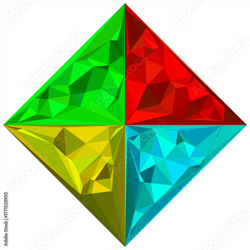 Colorful geometric pyramid illustration with vibrant triangular facets and sharp angles