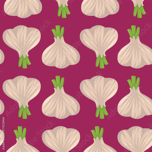 Seamless pattern of stylized garlic bulbs with green sprouts on a dark magenta background, perfect for culinary or decorative designs