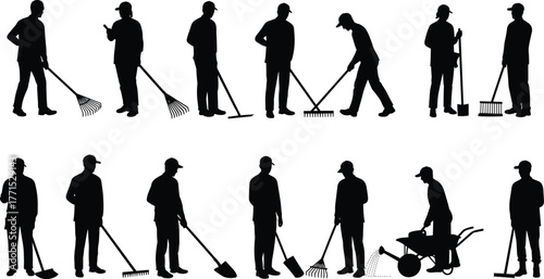 Silhouettes of people gardening with tools, outdoor landscaping work, black outline design, yard maintenance illustration, abstract human figures in nature