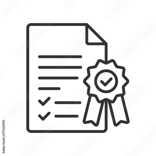 Certified award document icon in line design. certified, award, document, recognition, approval, certificate, paper on white background vector. Certified award document editable stroke icon