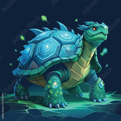 Stylized turtle character with a glowing shell and gemstones illustration