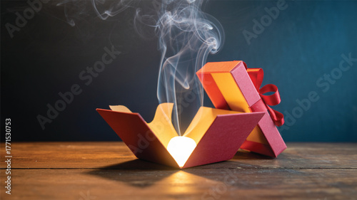Open gift box with glowing light and smoke present