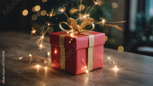 Red gift box with gold ribbon and sparklers on wooden table