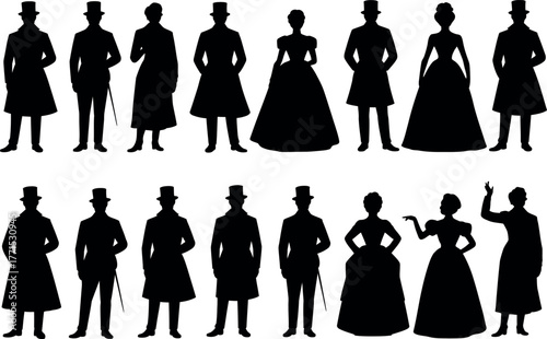 Silhouette of Victorian era people in formal attire on white background