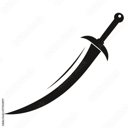 Elegant black scimitar weapon silhouette, isolated against a white background.