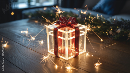 Transparent gift box with red ribbon and sparklers