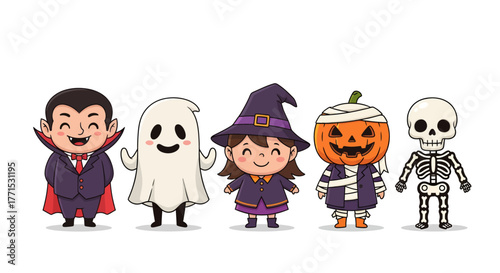 A cute collection of friendly Halloween cartoon characters including a vampire, ghost, witch, mummy, pumpkin man, and skeleton.