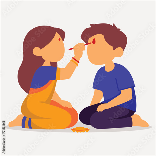 Illustration of an Indian sister applying tilak on her brother’s forehead during a traditional ritual, symbolizing love, protection, and cultural celebration of sibling bond.