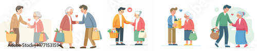 vector of a young man helping an old man carry his things