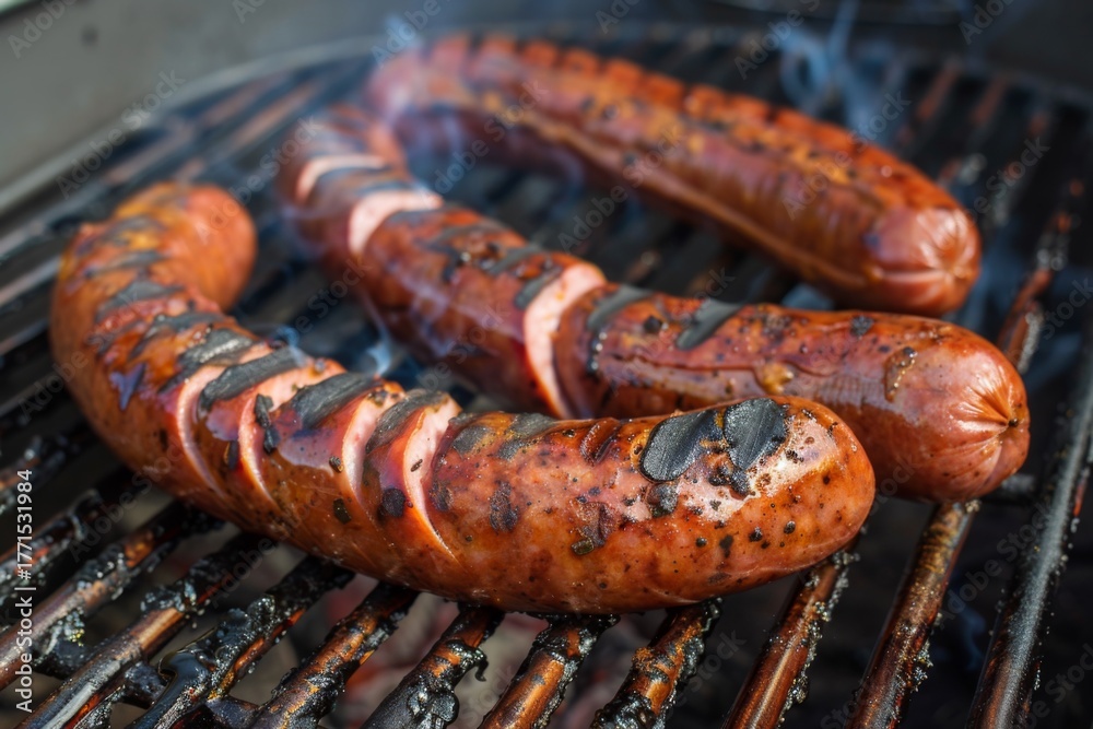 Fototapeta premium Grilled sausages cooking on barbecue grill