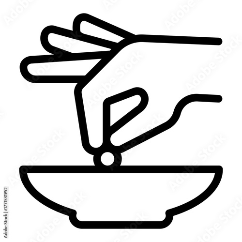 Hand with additive, seasoning and plate line icon, cooking concept. Vector graphics. Spices sign on white background, style icon mobile or web design.