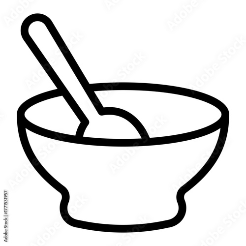 Plate with spoon inside line icon, cooking concept. Vector graphics. Food  bowl sign on white background, style icon mobile or web design.