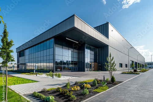 Modern commercial building with landscaped surroundings