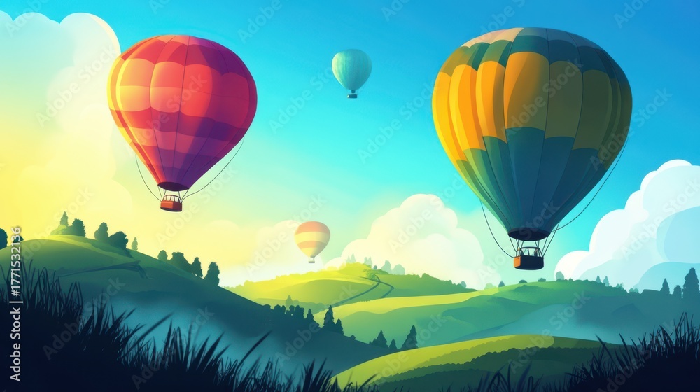 Obraz premium Bright hot air balloons over hills