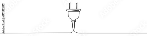 Electric plug in one line art style. Drawing of a power connector with editable black stroke on a white background. Vector illustration.