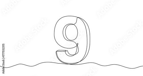 Number "9" in one line art style. Drawing of the digit nine with editable black stroke on a white background. Vector illustration.