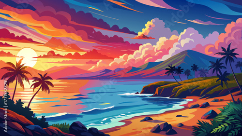 Very beautiful colorful sunset over the northwest coast of Maui, Hawaii, USA, featuring vibrant sky hues and Lanai Island in the background, calm ocean waves, and a serene tropical horizon.