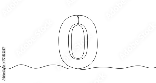 3D number "0" zero in one line art style. Drawing of the digit zero with editable black stroke on a white background. Vector illustration.