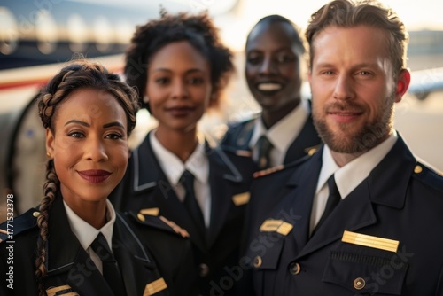 Diverse group of pilots smiling together at the airport