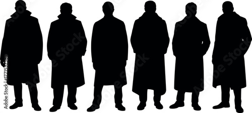 Silhouettes of Men in Coats Standing Together in a Row