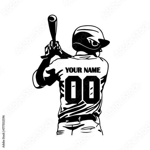Black-and-white flat vector illustration of a baseball player on white background